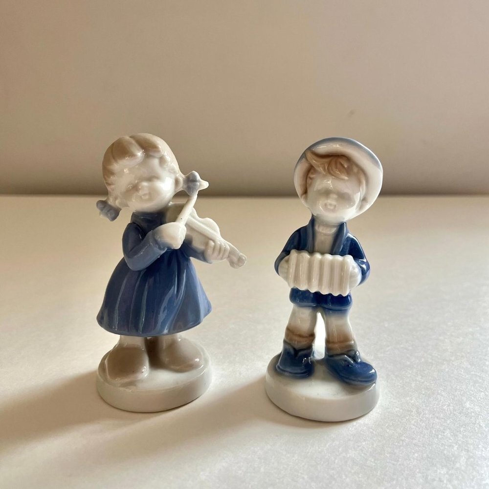 Vintage Set of 2 Ceramic Musician Figurines - Girl with Violin, Boy Accordion